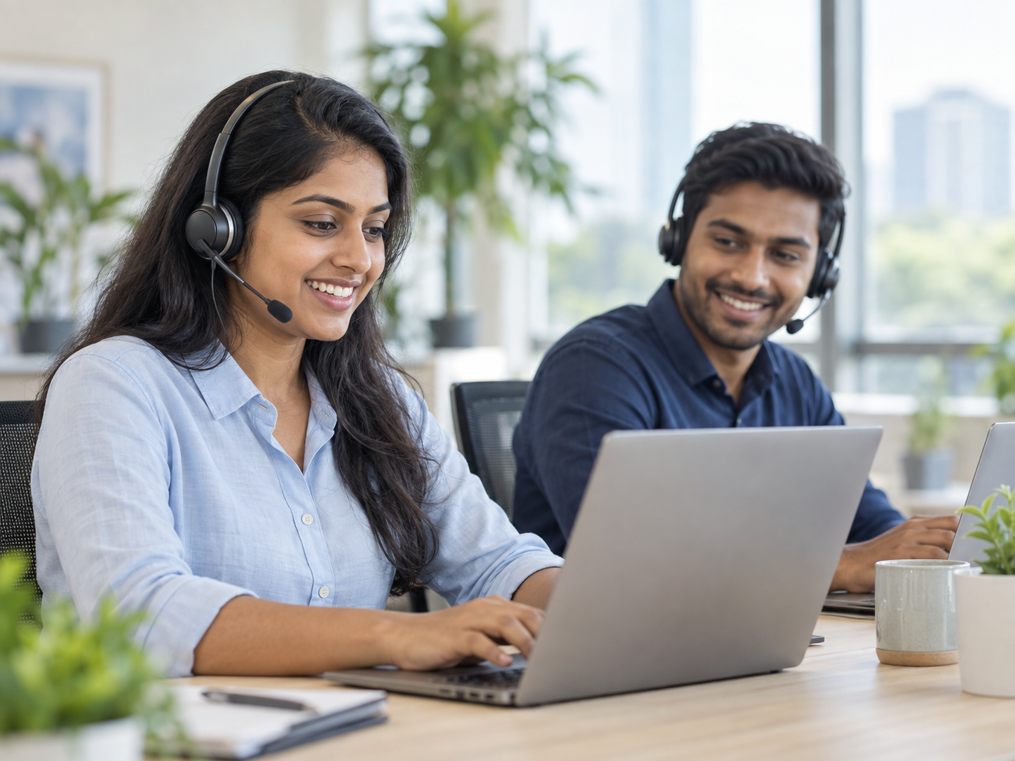 Two support colleagues wearing headsets and working together at laptops in a bright office.