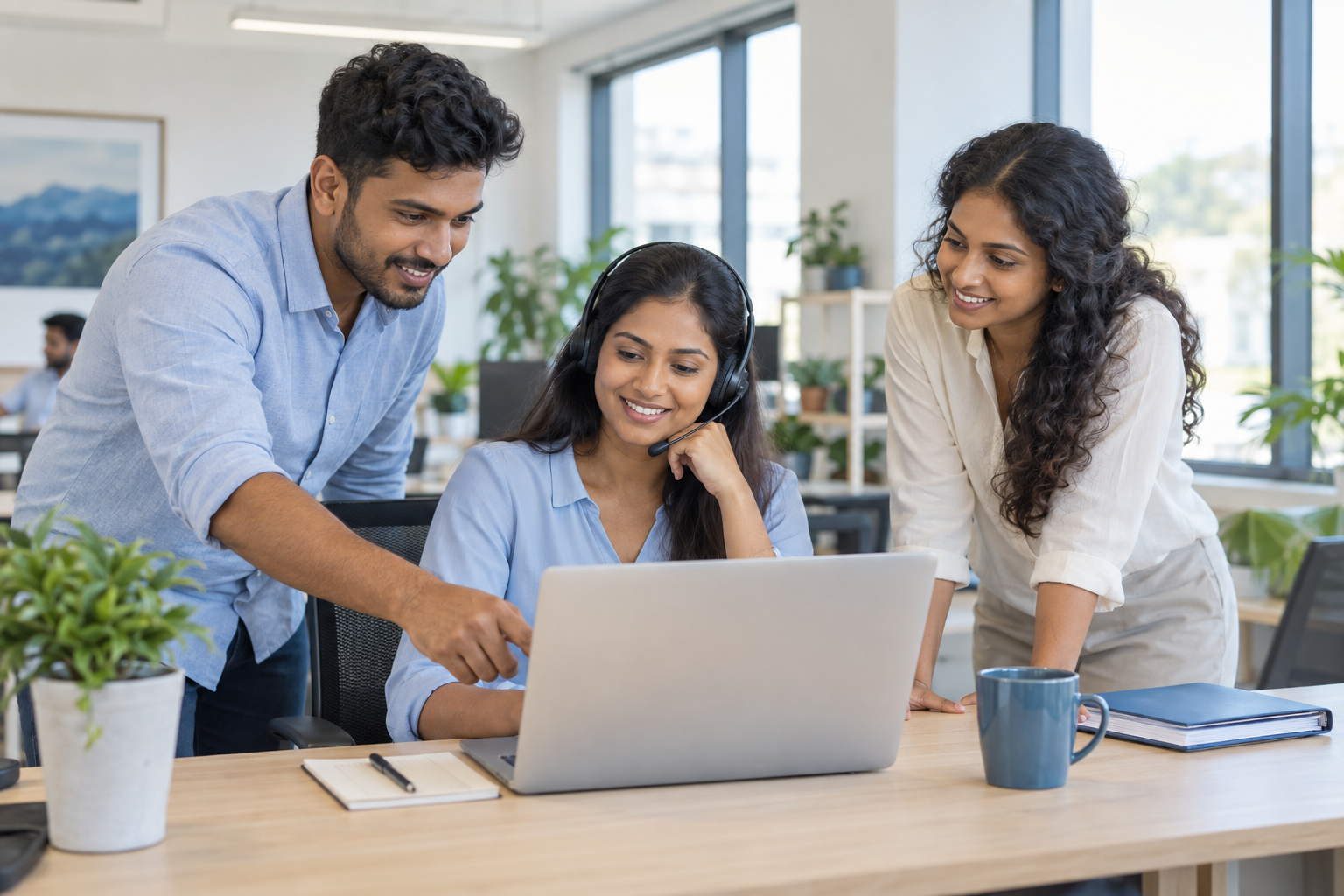 A headset-wearing support agent and two colleagues collaborating around a laptop in a bright office.